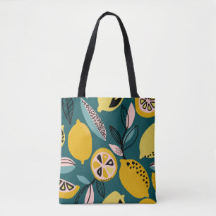 Vintage seamless pattern with yellow lemons,branch tote bag