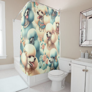 Vintage Seamless Poodle Illustration Shower Curtain