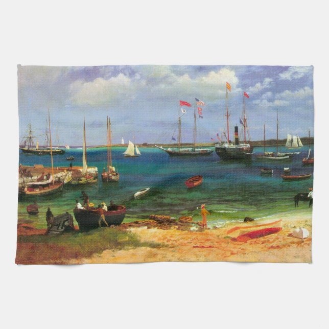 Vintage Seascape, Nassau Harbour by Bierstadt Tea Towel (Horizontal)