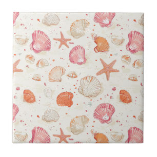 Vintage Seashell Coral Pink Terracotta Ivory Ceramic Tile