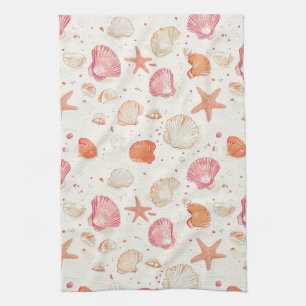 Vintage Seashell Coral Pink Terracotta Ivory Tea Towel