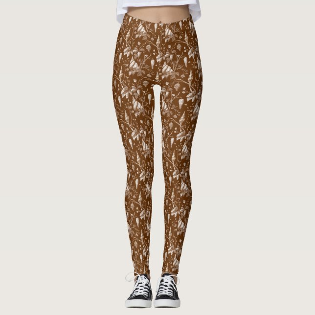 Vintage Seashell Toile Coastal Pattern Leggings (Front)