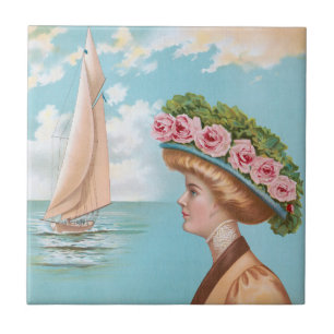 Vintage Seaside Lady Pink Rose Hat Sailboat Art Ceramic Tile