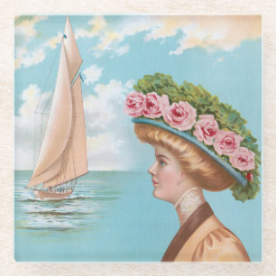 Vintage Seaside Lady Pink Rose Hat Sailboat Art Glass Coaster