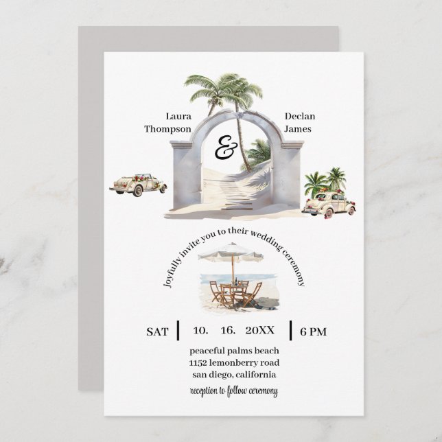 Vintage Seaside Palm Tree Boho  Beach Wedding Invitation (Front/Back)