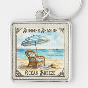 VINTAGE SEASIDE SCENE WITH CHAIR AND UMBRELLA KEY RING