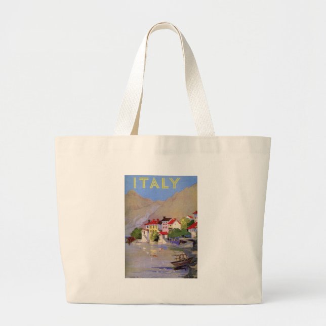 Vintage Seaside Village Italy Tourism Large Tote Bag (Front)