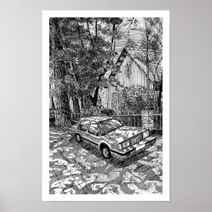 Vintage Sedan Car Ink Sketch Black and White Retro Poster
