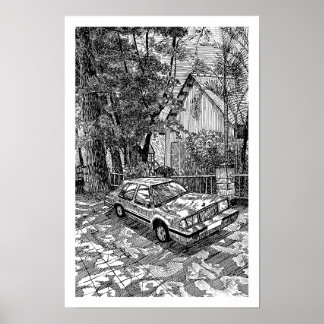 Vintage Sedan Car Ink Sketch Black and White Retro Poster