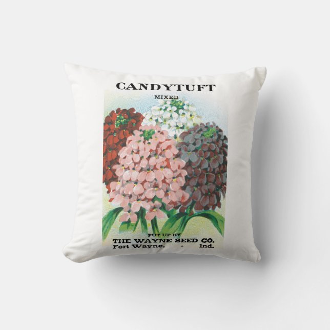 Vintage Seed Packet Art, Candytuft Garden Flowers Cushion (Front)