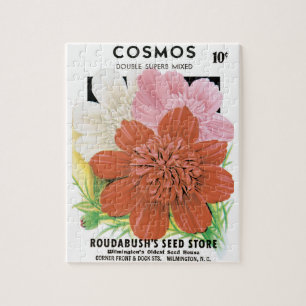 Vintage Seed Packet Art, Cosmos Garden Flowers Jigsaw Puzzle
