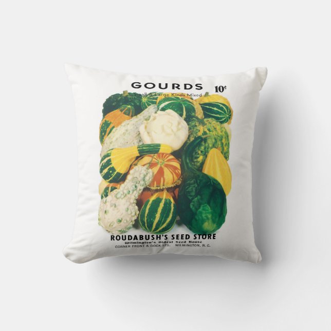 Vintage Seed Packet Art, Mixed Gourds Squash Cushion (Front)