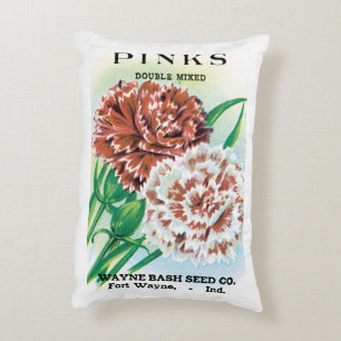 Vintage Seed Packet Art, Pinks Carnation Flowers Decorative Cushion