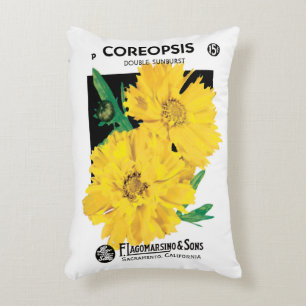Vintage Seed Packet Art, Yellow Coreopsis Flowers Decorative Cushion