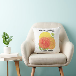 Vintage Seed Packet Label Art, Calendula Flowers Cushion