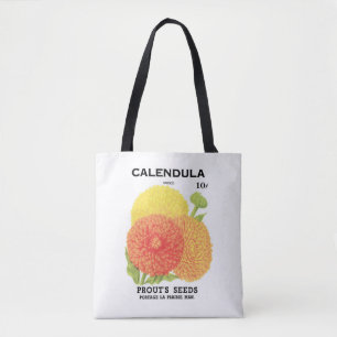 Vintage Seed Packet Label Art, Calendula Flowers Tote Bag