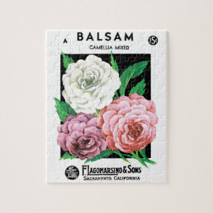 Vintage Seed Packet Label Art, Camellia Flowers Jigsaw Puzzle
