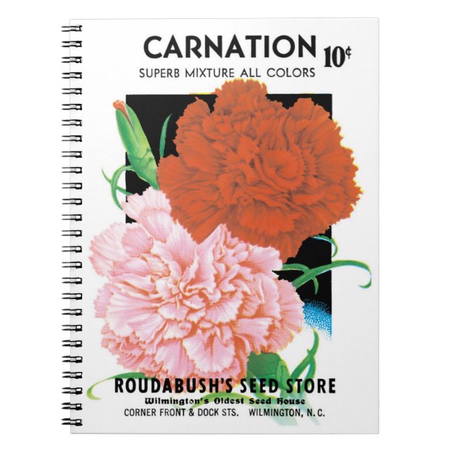 Vintage Seed Packet Label Art, Carnations Flowers Notebook (Front)