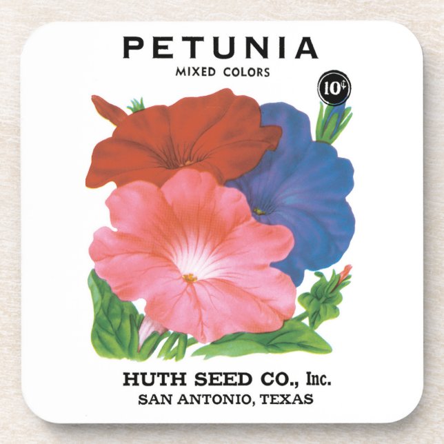 Vintage Seed Packet Label Art, Petunia Flowers Coaster (Front)