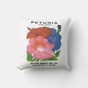 Vintage Seed Packet Label Art, Petunia Flowers Cushion