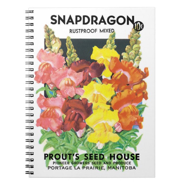 Vintage Seed Packet Label Art, Snapdragon Flowers Notebook (Front)