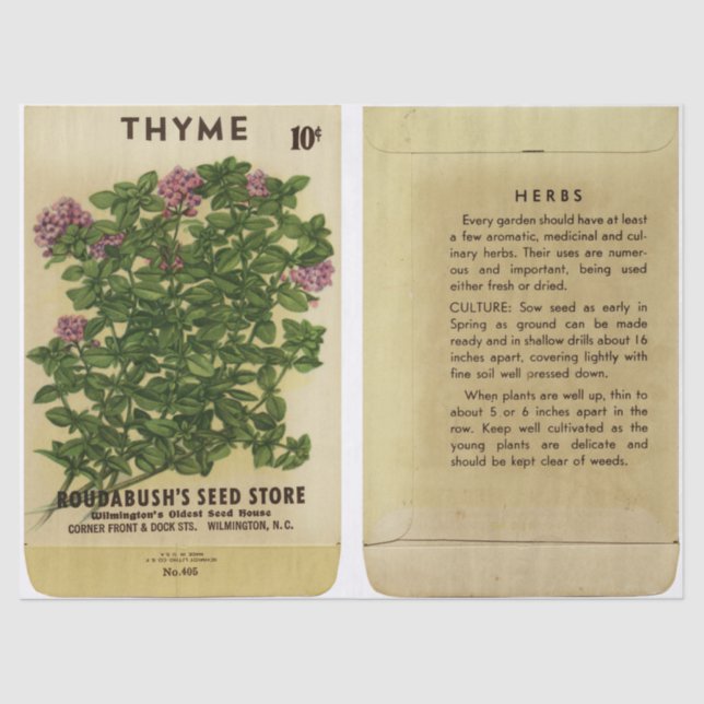Vintage Seed Packet Thyme and Instructions Tissue Paper (Front)