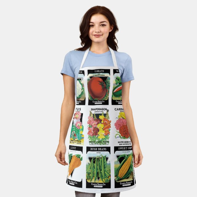 Vintage Seed Packets with Flowers and Vegetables Apron (Worn)
