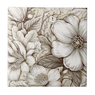 Vintage Sepia Botanical Floral Engraving Ivory Ceramic Tile