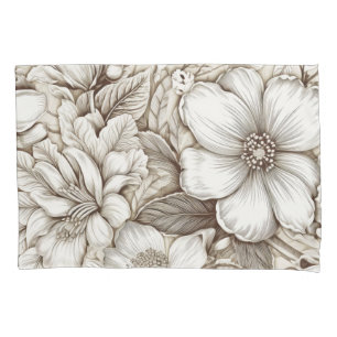Vintage Sepia Botanical Floral Engraving Ivory Pillowcase