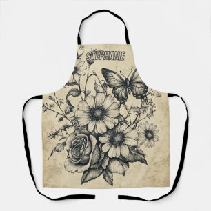 Vintage Sepia Butterfly Rose Daisy Bouquet Apron
