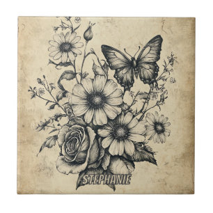 Vintage Sepia Butterfly Rose Daisy Bouquet Ceramic Tile