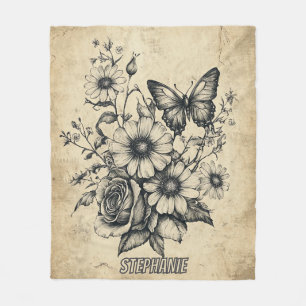 Vintage Sepia Butterfly Rose Daisy Bouquet Fleece Blanket