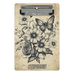 Vintage Sepia Butterfly Rose Daisy Bouquet Mini Clipboard