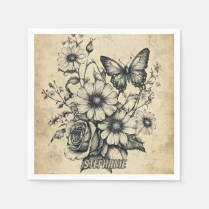 Vintage Sepia Butterfly Rose Daisy Bouquet Napkin