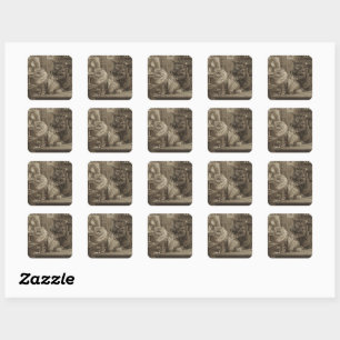 Vintage Sepia Cat Tattoo Artist – Funny Victorian Square Sticker