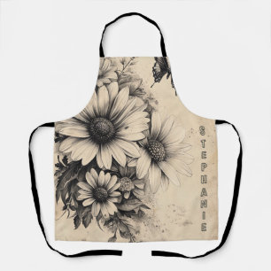 Vintage Sepia Daisy Butterfly Botanical Apron