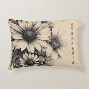 Vintage Sepia Daisy Butterfly Botanical Decorative Cushion