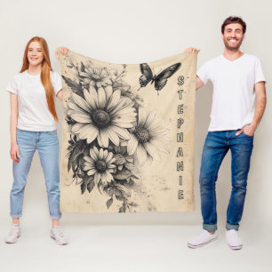 Vintage Sepia Daisy Butterfly Botanical Fleece Blanket