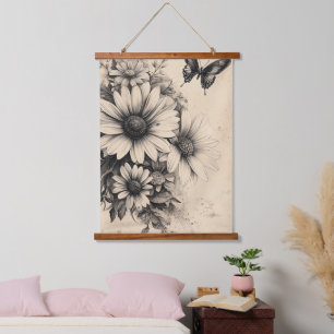 Vintage Sepia Daisy Butterfly Botanical Hanging Tapestry