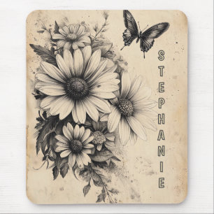 Vintage Sepia Daisy Butterfly Botanical Mouse Pad