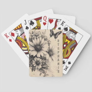 Vintage Sepia Daisy Butterfly Botanical Playing Cards
