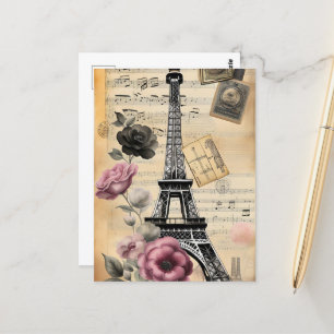 Vintage Sepia Eiffel Tower & Pink Flowers Postcard