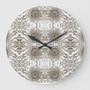 Vintage Sepia Floral Pattern   Elegant Chrysanthem Large Clock
