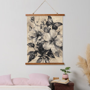 Vintage Sepia Hibiscus Butterfly Bouquet Hanging Tapestry