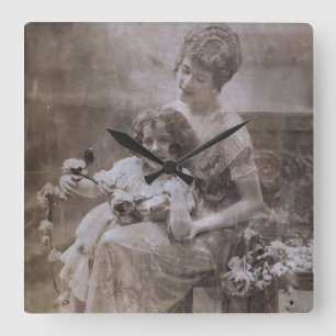 Vintage Sepia Mother & Child Portrait Square Wall Clock
