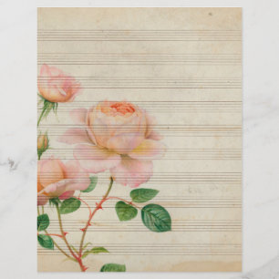 Vintage sepia music notes with pink rose