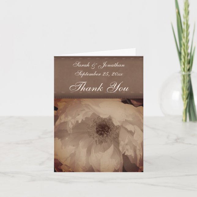 Vintage Sepia Peony Personalised Floral Wedding  Thank You Card (Front)