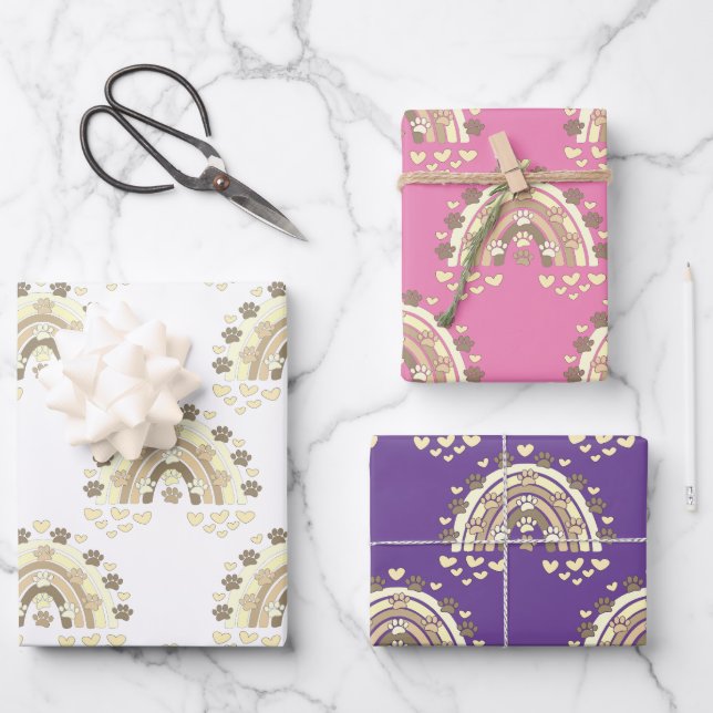 Vintage Sepia Rainbow Dog Paw And Hearts Wrapping  Paper Sheet (Front)