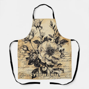 Vintage Sepia Rose Botanical Sketch Floral Script Apron