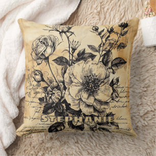 Vintage Sepia Rose Botanical Sketch Floral Script Cushion